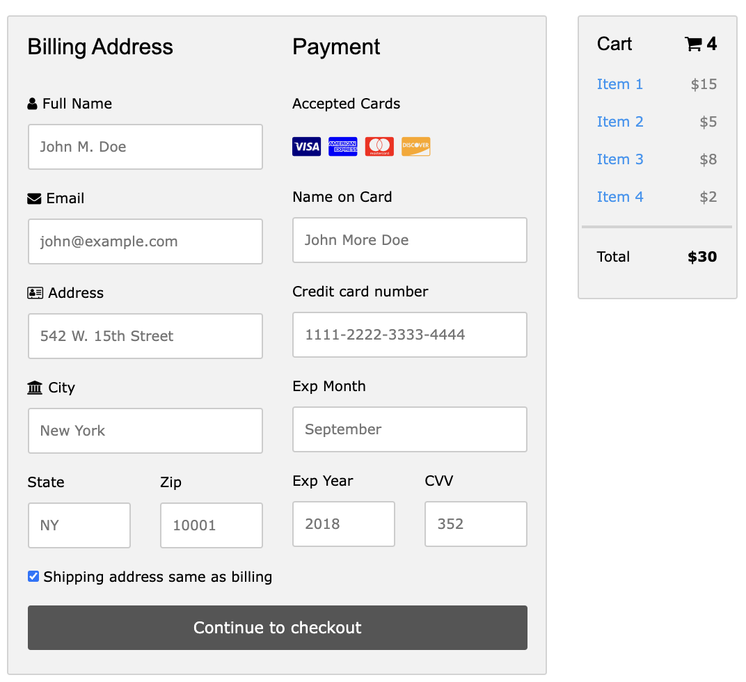 How can I create a checkout form? W3Schools com