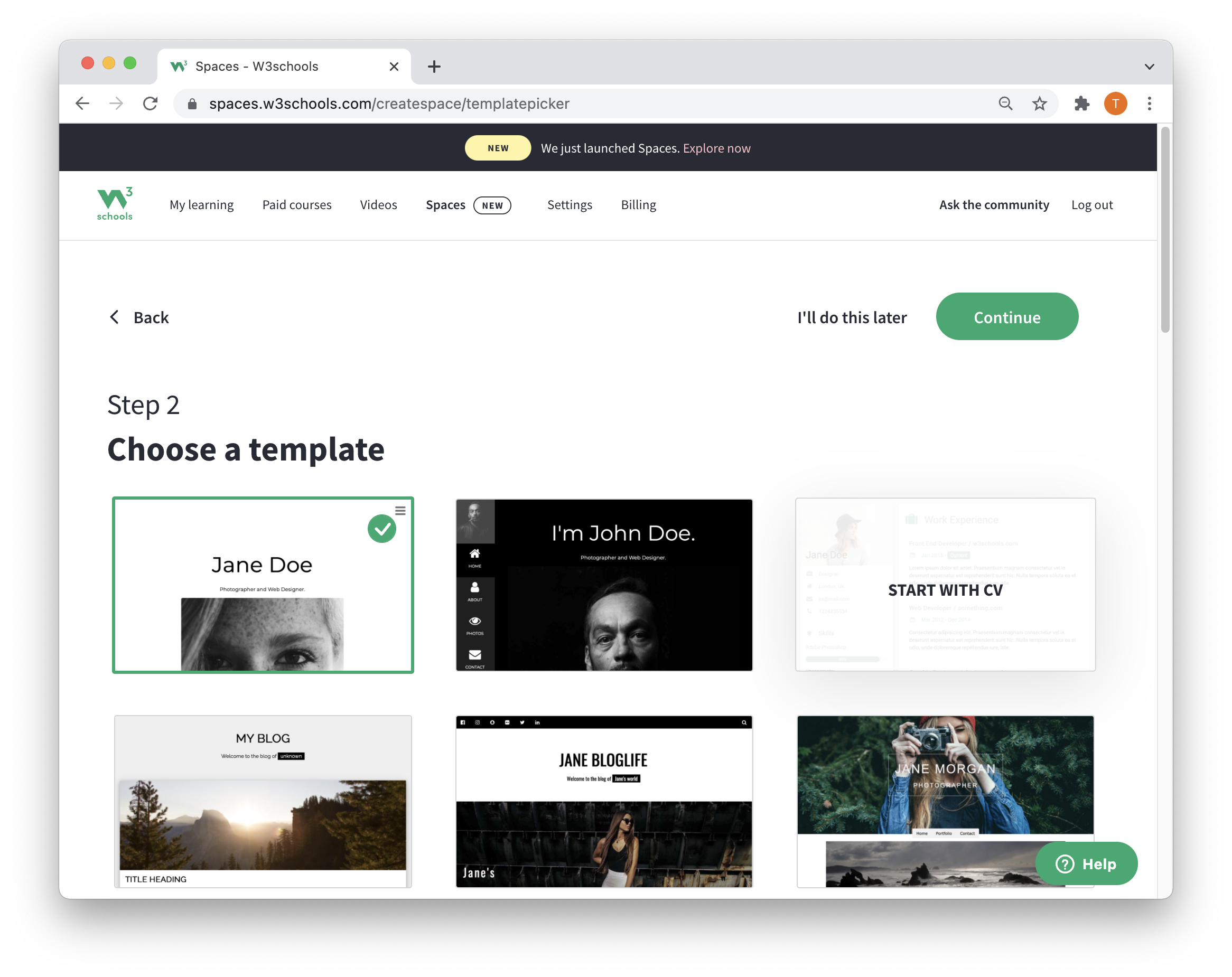 How do I create a Space with a template or blank page? – W3Schools.com
